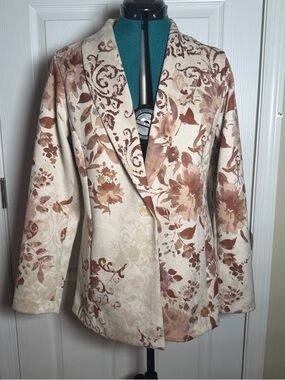 Soft Suede Feel Floral Blazer Jacket Cream & Brown Neutral Romantic Office Chic